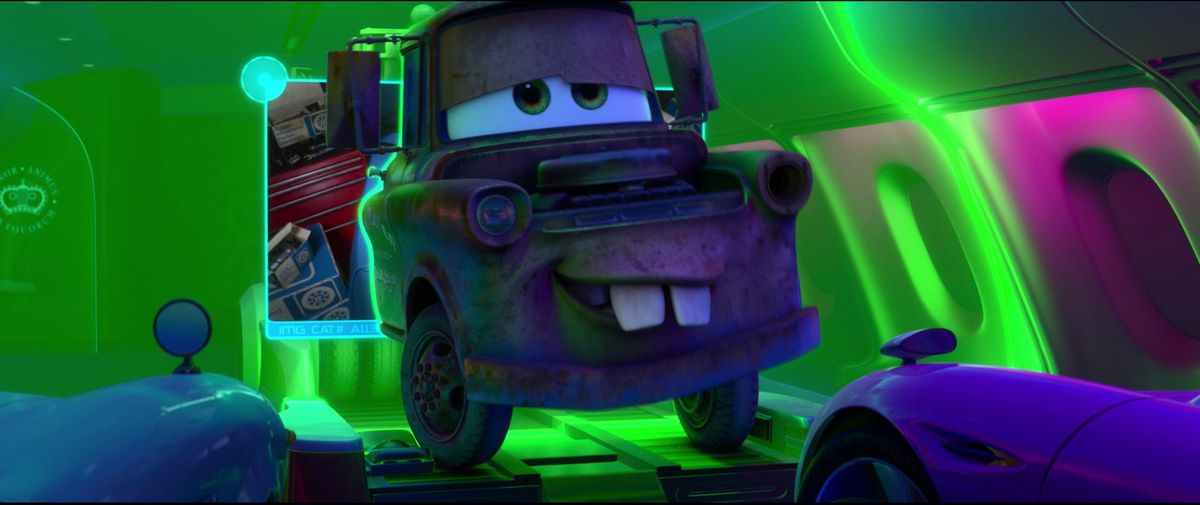 a rusty tow truck with a face, with a green glow around him