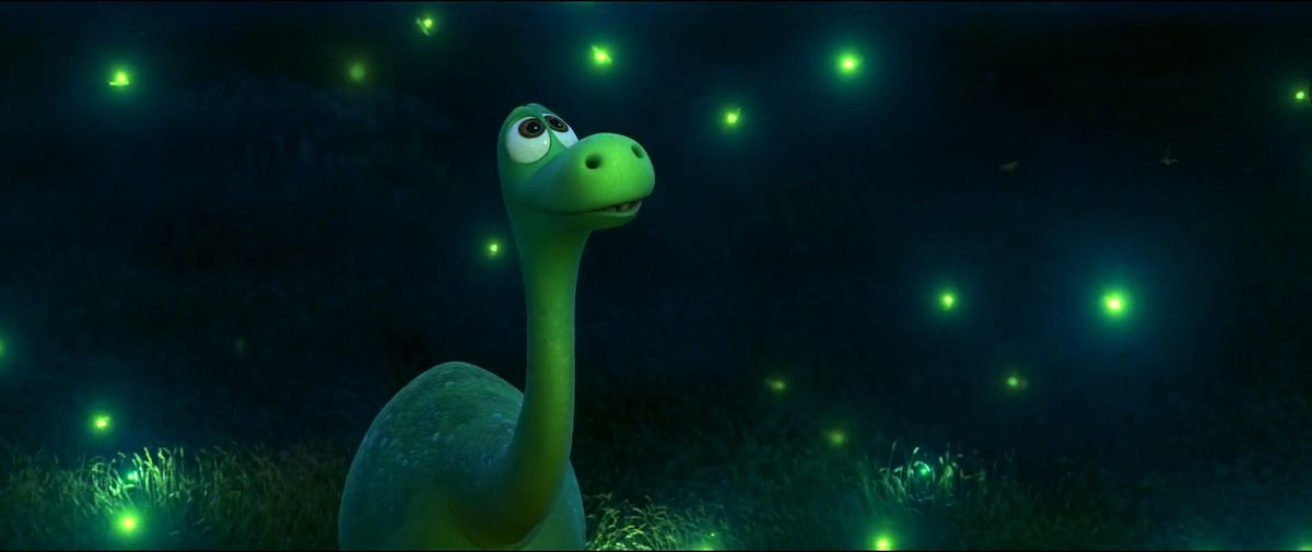 green dinosaur looking up as fireflies sparkle