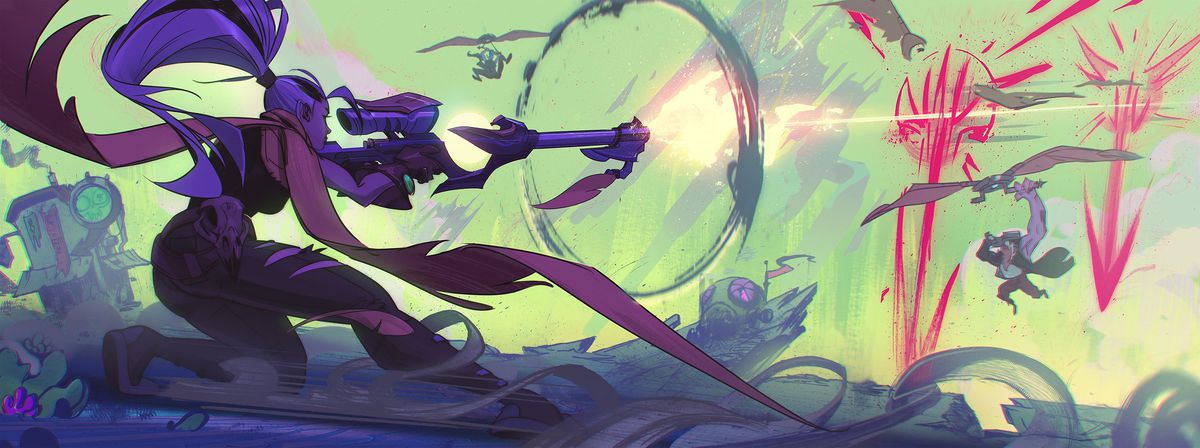 Artwork of a fantasy sniper shooting at a pair of enemies approaching via glider in Project Loki