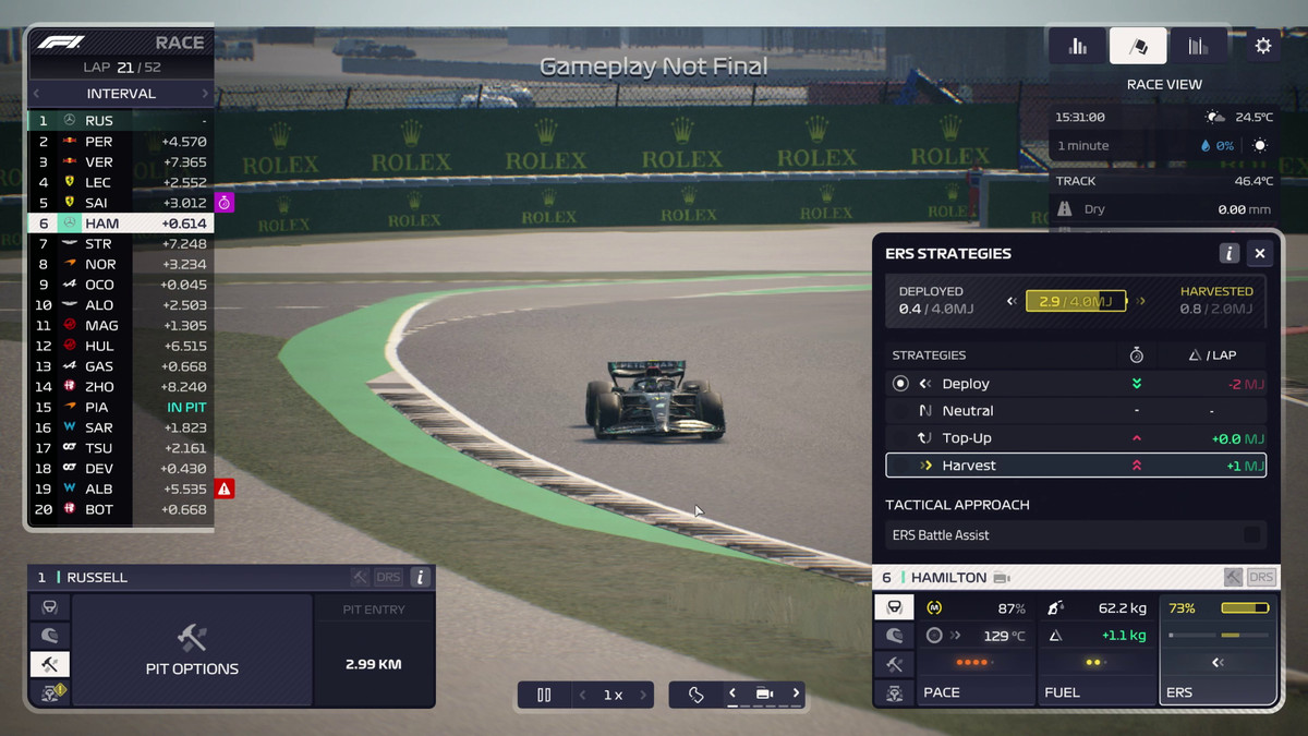 F1 Manager 2023 screen showing the Energy Recovery System strategies for Lewis Hamilton at the British Grand Prix. The player is moving from “Deploy” to “Harvest”