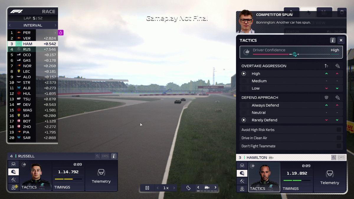 Screen from F1 Manager 2023 showing Lewis Hamilton’s confidence rating, a series of tactical decisions he can make, laid over a view of the British Grand Prix. Hamilton is in P3 on lap 5.