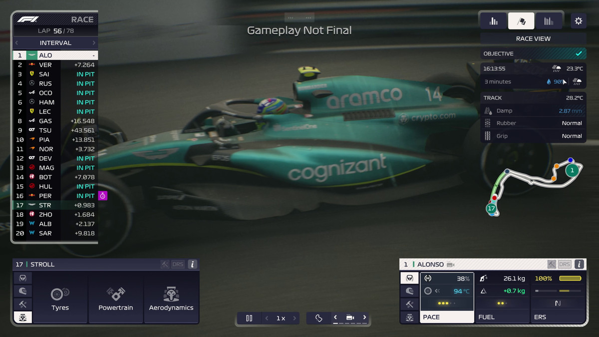 Screen from F1 Manager 2023 showing Fernando Alonso on a damp track, with menus showing several competitors in the pits being fitted with rain tires.