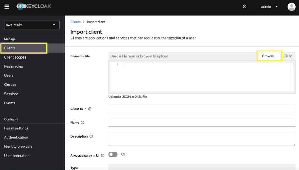 Import client in Keycloak user interface