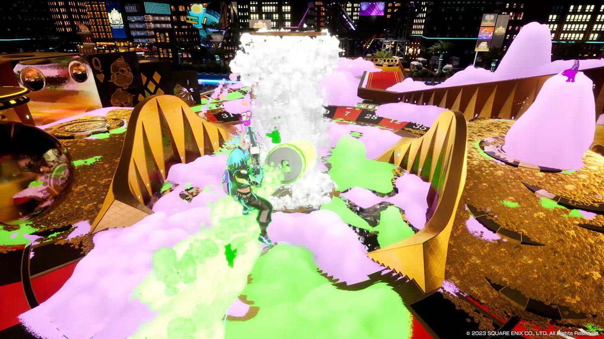 A character in Foamstars jumps into the air as they unload a ton of bubbles on the enemy side. There is a pink bubble side and a green colored bubble side. The setting looks like a glittering gold cityscape.