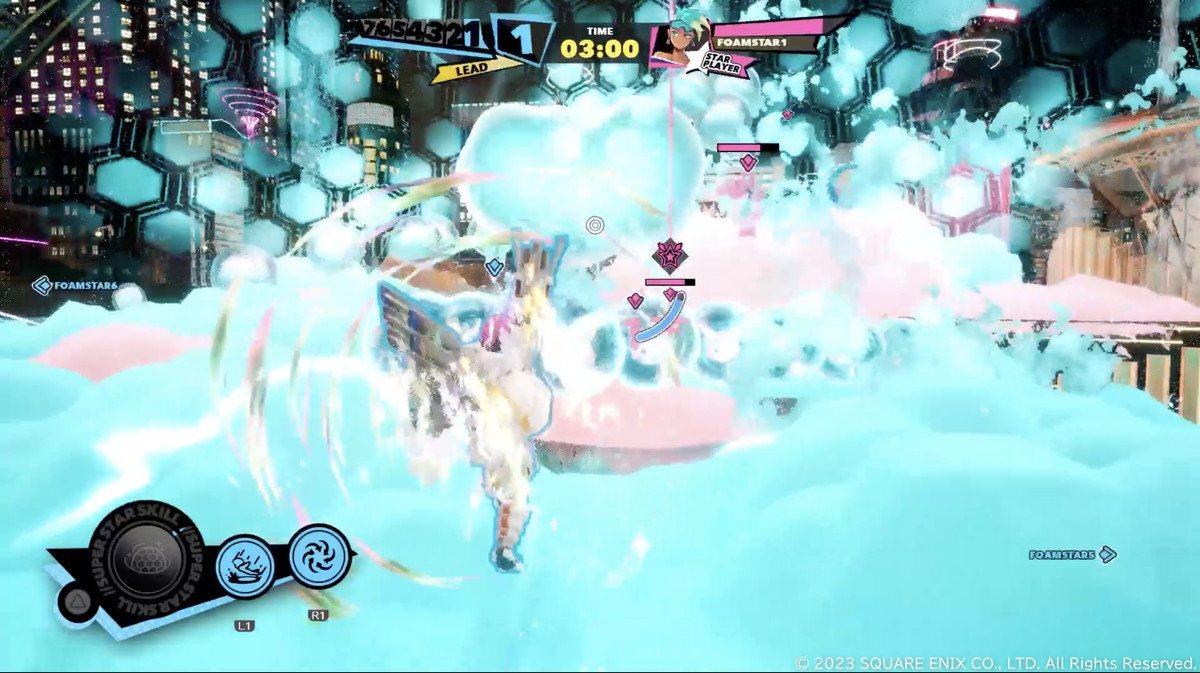 A character in Foamstars lets out an ultimate attack. The entire field of vision is crowded with foam and bubbles. 