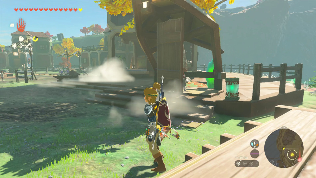 Link stands in front of a man who is blocked off with a large wooden plank in Tears of the Kingdom