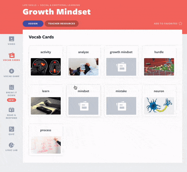 Vocab Cards classroom culture activities about growth mindset