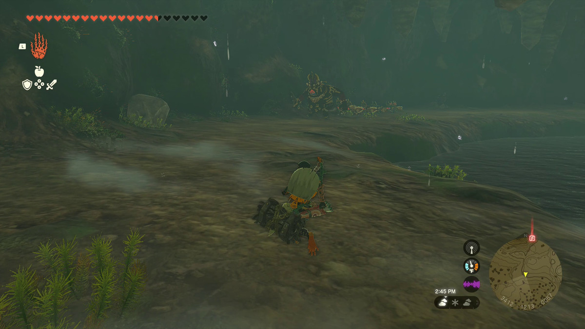 Link runs around the side of the moat surrounding Jogou Shrine in Lanayru Road East Cave and finds a big group of Black Bokoblins to fight up ahead