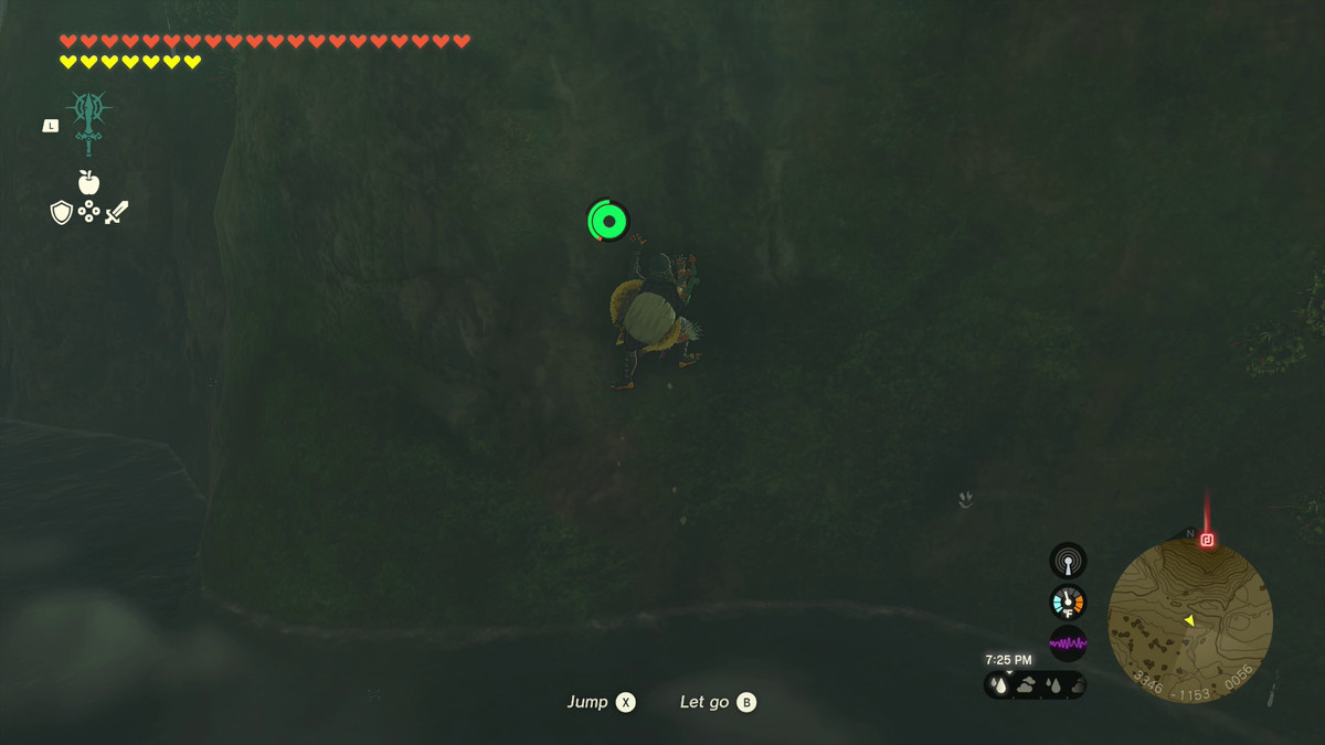 Link, wearing his Froggy armor set, climbs up a wet mossy wall towards Jogou Shrine in the Lanayru Road East Cave