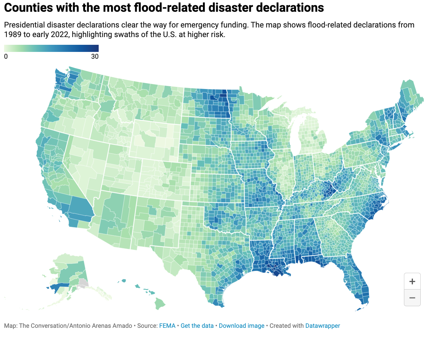 Counties with the most flood-related disaster declarations (Source: The Conversation)