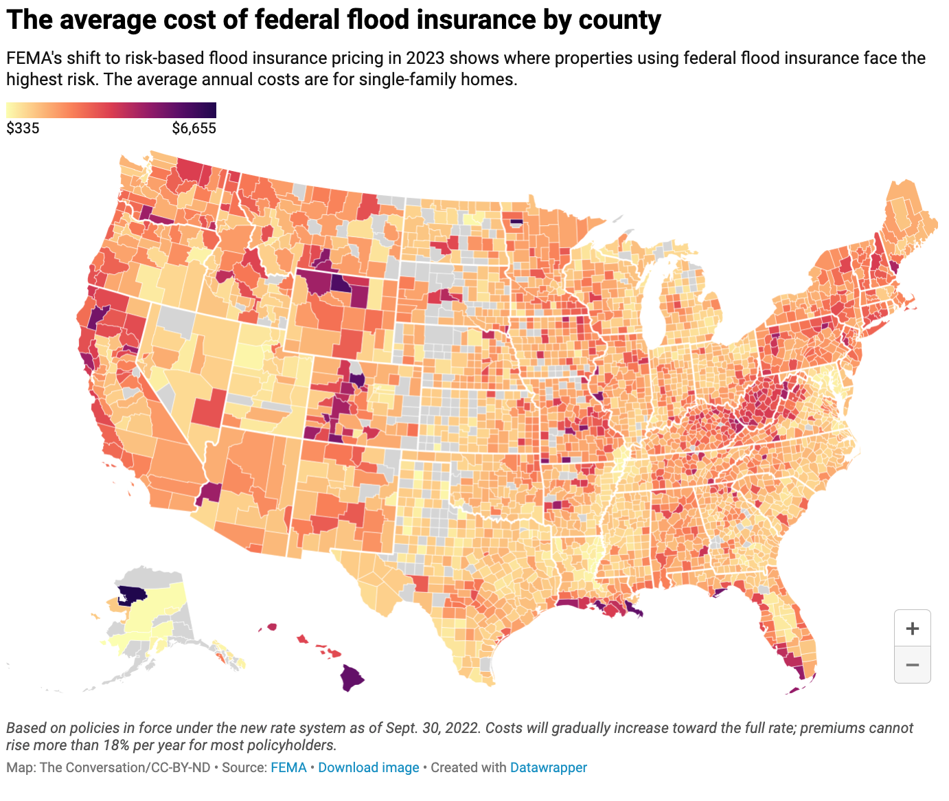 The average cost of federal flood insurance by county (Source: The Conversation)