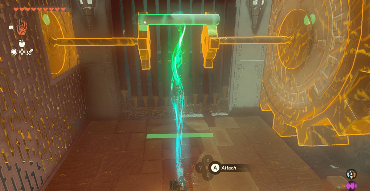 Link using Ultrahand to fuse a log in the Riogok Shrine in The Legend of Zelda: Tears of the Kingdom