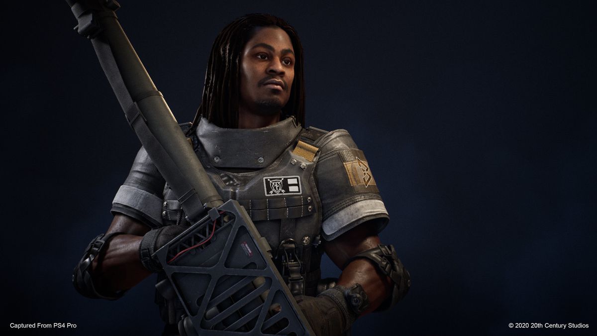 character shot of Marshawn Lynch with a rocket launcher for Predator: Hunting Grounds