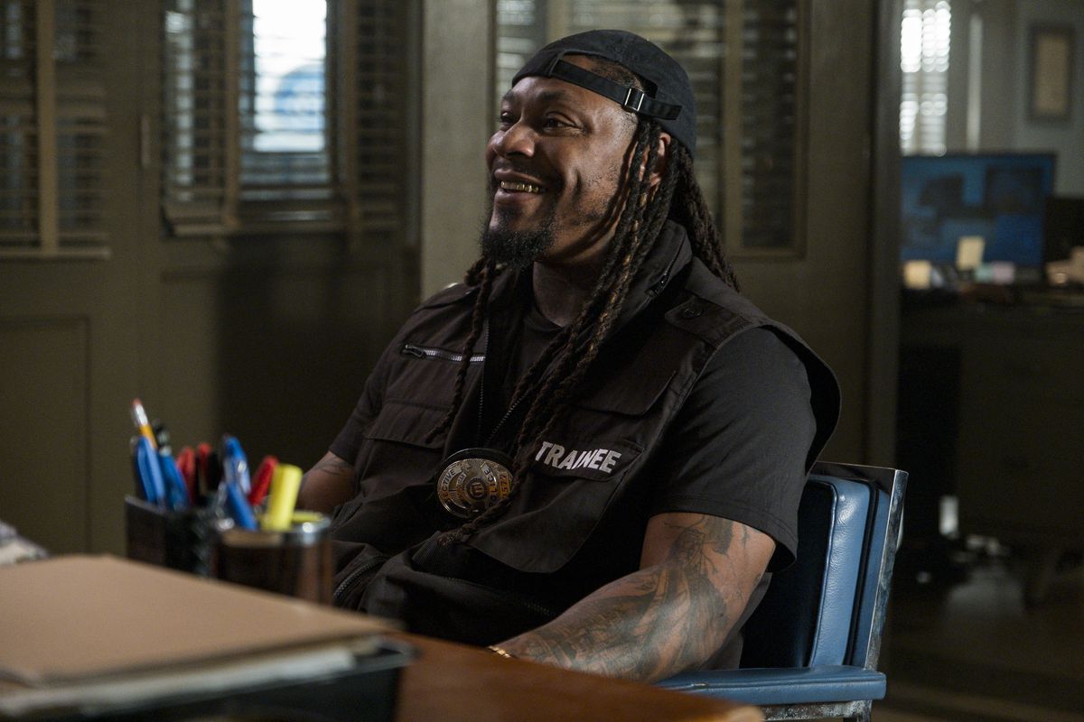 Marshawn Lynch absolutely beaming in a still from Murderville