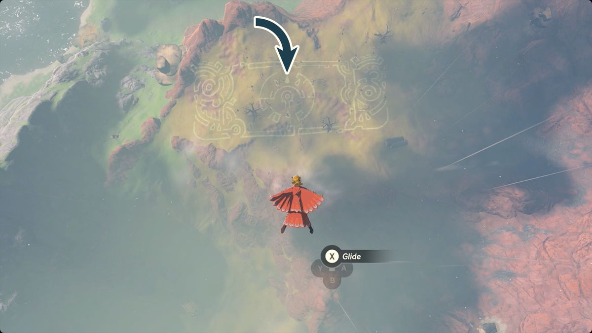 The Legend of Zelda: Tears of the Kingdom Link flying near the Mineru’s Counsel geoglyph with the Tear of the Dragon location marked.