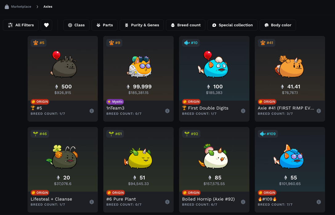 Axies NFTs on the marketplace