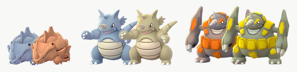 Rhyhorn, Rhydon, and Rhyperior stand next to their Shiny forms, which are orange or gold