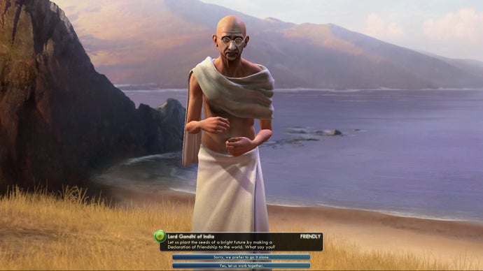 Penggambaran Gandhi di Civilization V, seperti yang terlihat selama pertukaran diplomatik.
