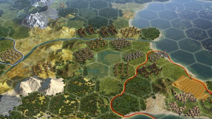 Peta dunia heksagonal baru di Civilization V, menunjukkan batas antara dua faksi.