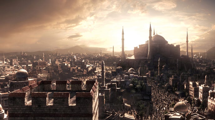 Sebuah karya seni cerita dari Civilization V, menampilkan matahari terbit di atas kota pra-industri.