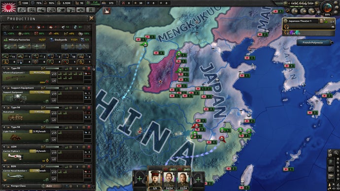 Tangkapan layar dari game strategi Paradox Interactive Hearts of Iron, menampilkan China dan Jepang.