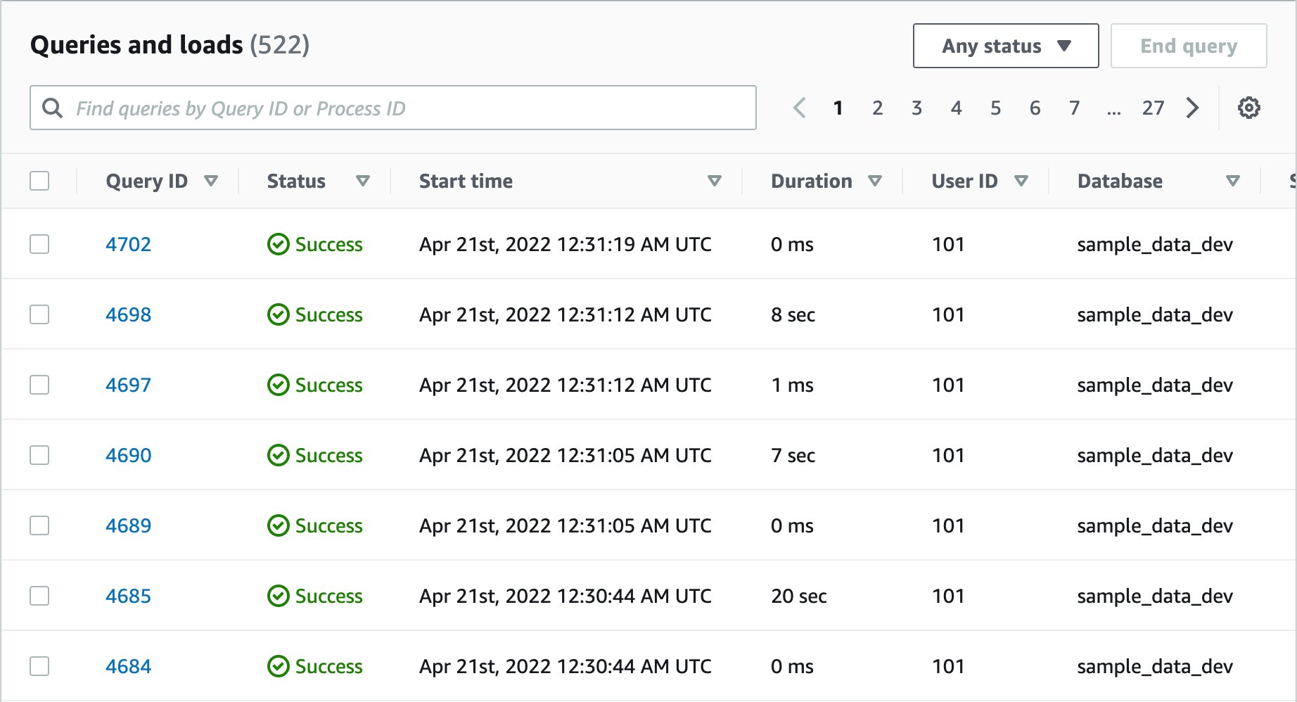 Query history screen