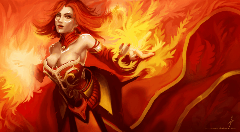 Fan art of the Hero Lina, summoning fiery red arcane flames, by the artist Arcan Anzas