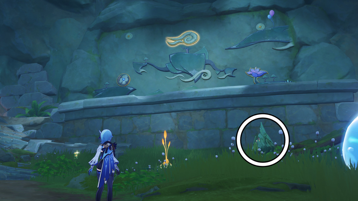 Dendrogranum beside the mural during the Capturing Light and Shadow world quest in Genshin Impact.