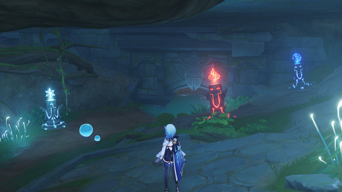Cryo, Pyro, and Hydro monuments during the Capturing Light and Shadow world quest in Genshin Impact.