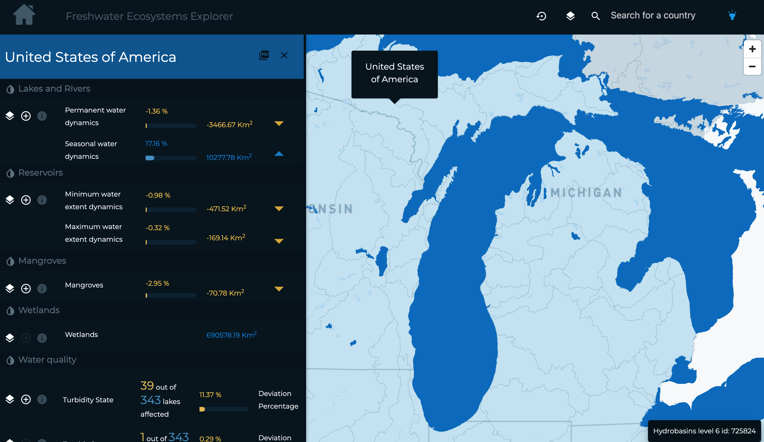 A closeup of the U.S. Great Lakes in Google's Freshwater Ecosystems Explorer.
