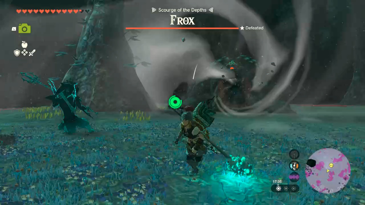 Link runs away from the Kirby attack from the Frox in Zelda Tears of the Kingdom.