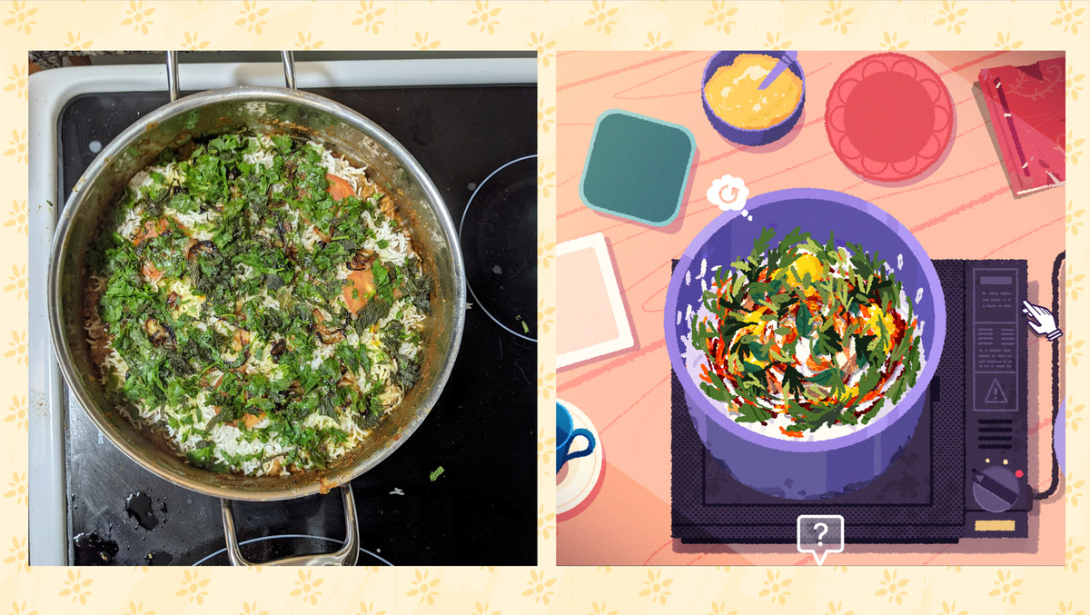 A side by side comparison between a rice dish cooked on a stove in-real life and in-game