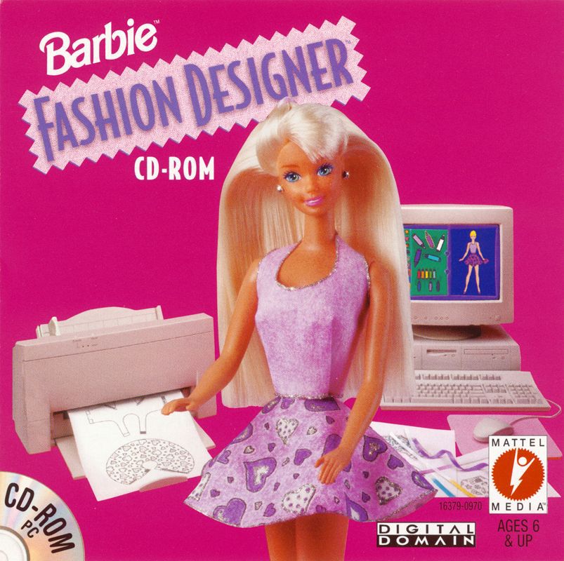 A blond Barbie doll sits between an old desktop computer and a printer in art for the Barbie Fashion Designer game.