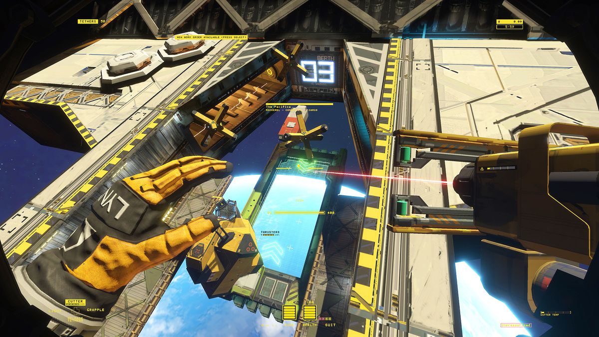 A yellow-gloved worker cuts up a starship in orbit in an early screenshot for Hardspace: Shipbreaker