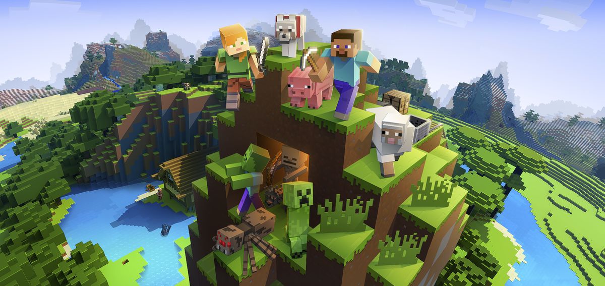 Minecraft characters, including animals like a sheep and a pig, pose on the top of a hill
