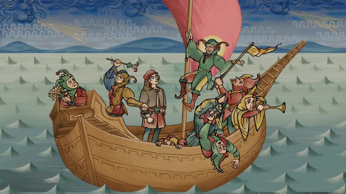 Screenshot of Andreas Maler in a boat surrounded by jesters from Obsidian Entertainment’s historical adventure-narrative RPG Pentiment.