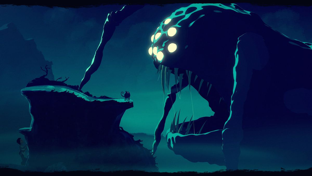 A giant monster with multiple eyes stares down a small cat-like creature on a rock slope