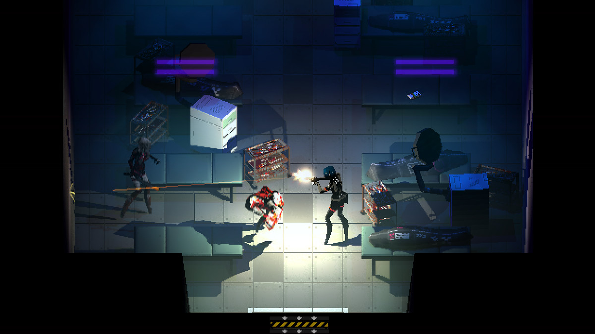 A third-person overhead shot of an anime character aiming a laser-sighted pistol at two zombie-like androids holding cleavers in a dark medical office.