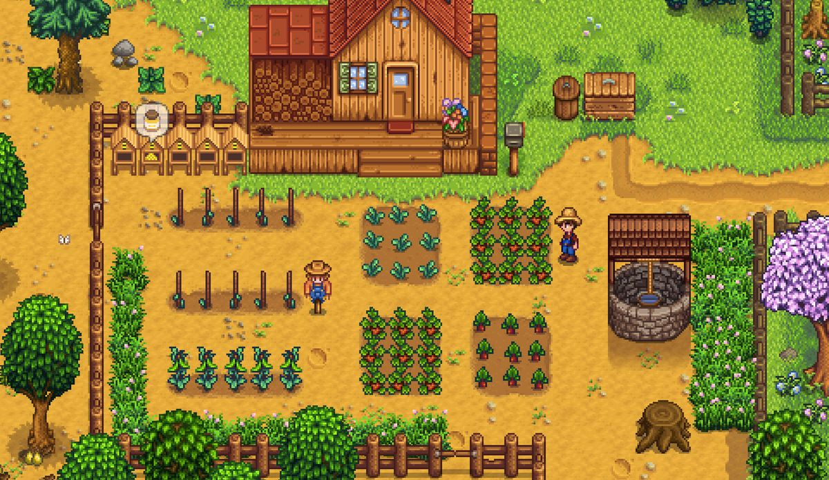 A quiet farm in Stardew Valley. The field has several three by three grid plots of land, growing crops like radishes, kale, and strawberries.