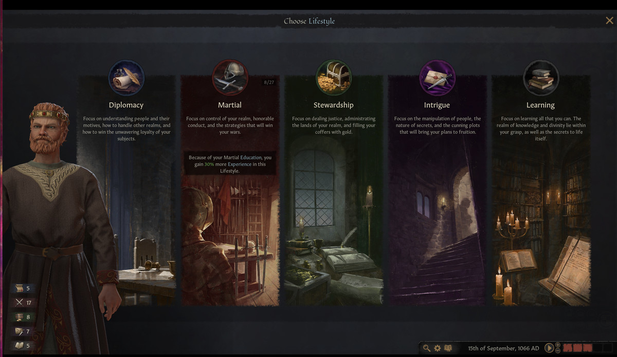 The lifestyle screen in Crusader Kings 3