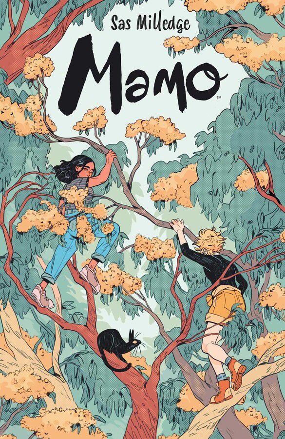 Orla, Jo, and Jo’s cat/familiar, climb a tree full of blossoms on the cover of Mamo. 