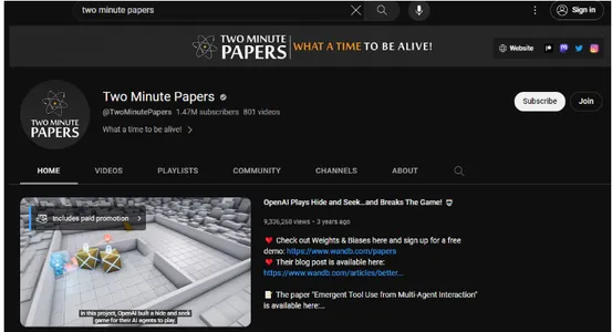 Two minute paper’s YouTube channel AI youtuber