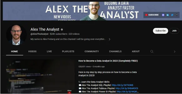 Alex The Analyst’s YouTube channel