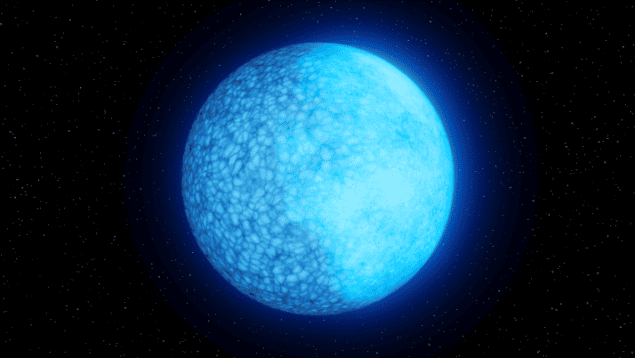 This artist's impression of the two-faced white dwarf star shows the star as a glowing blue-white ball, one side of which is darker and more granular-looking than the other