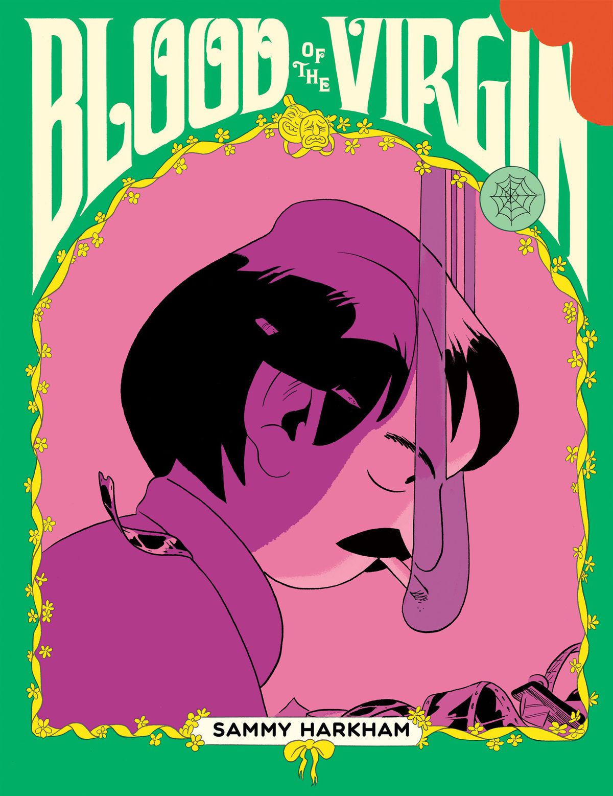 A brightly colored but monochrome image of a man smoking a cigarette on the cover of Blood of the Virgin. 