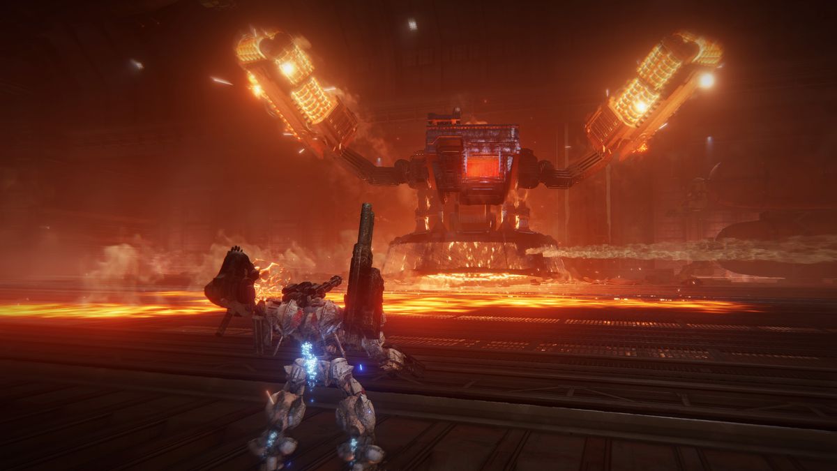EC-0804 Smart Cleaner robot raises its glowing arms as it readies to attack 621’s mech in a screenshot from Armored Core 6: Fires of Rubicon