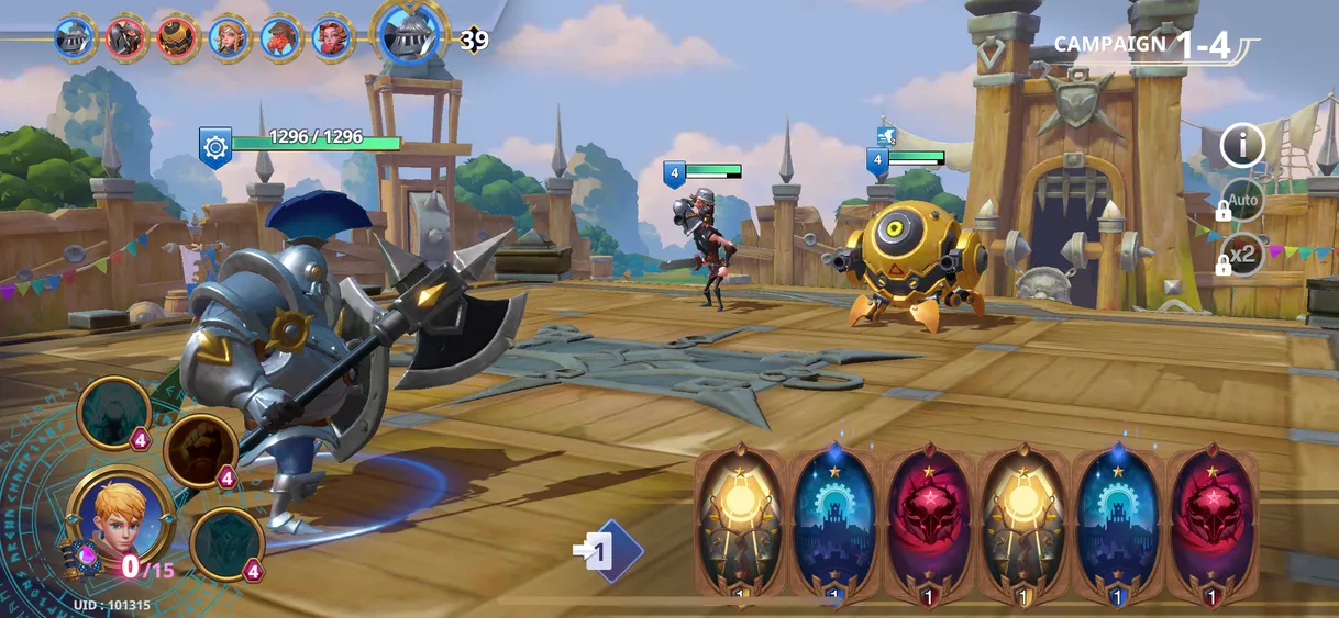 لقطة شاشة من لعبة Champions Arena iOS تظهر شخصية دبابة فارس تستعد لمحاربة شخصيتين أخريين في بيئة من القرون الوسطى مع ساحة أرضية خشبية.