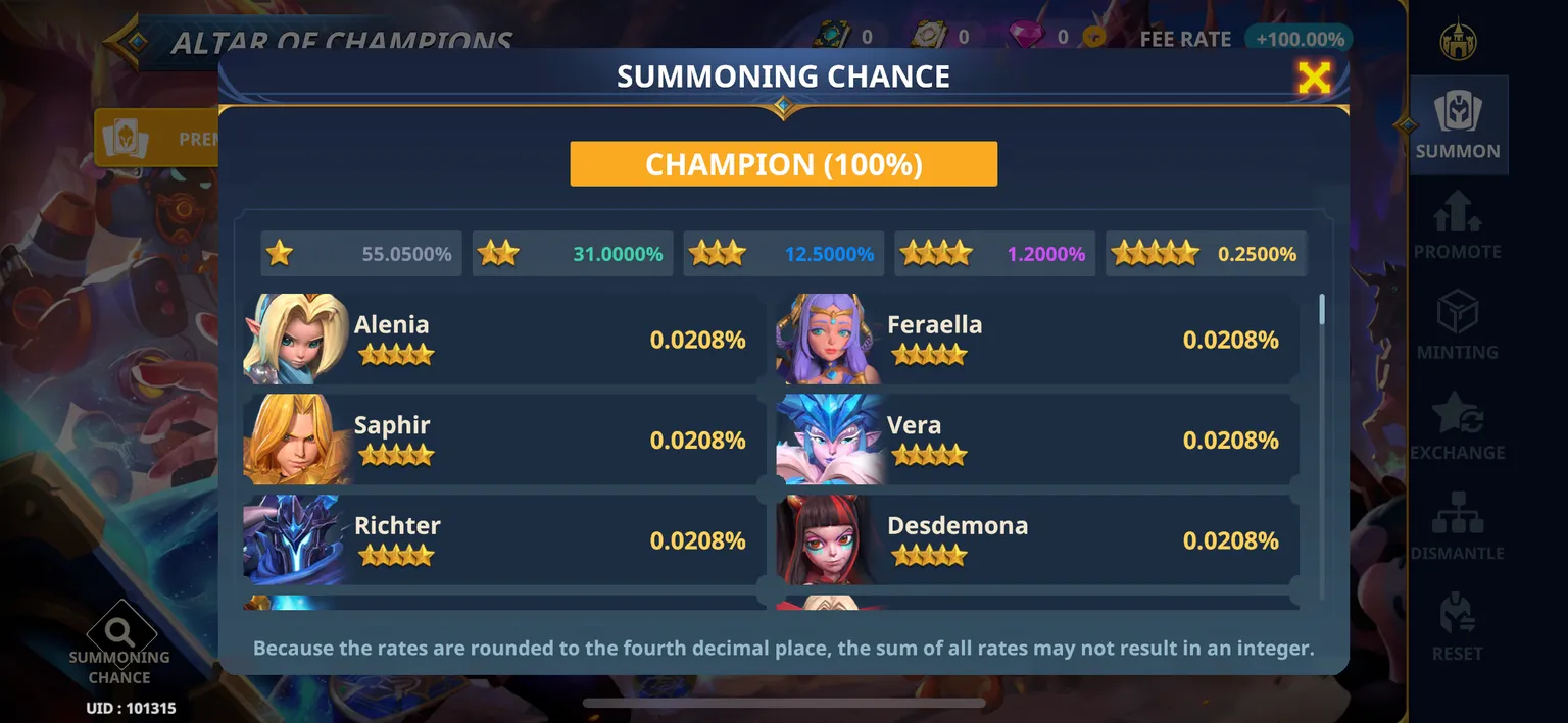 Screenshot showing the percentage chance rates that Alennia, Saphir, Richter, and others could be summoned. The percentage chance for all is roughly 0.02%.