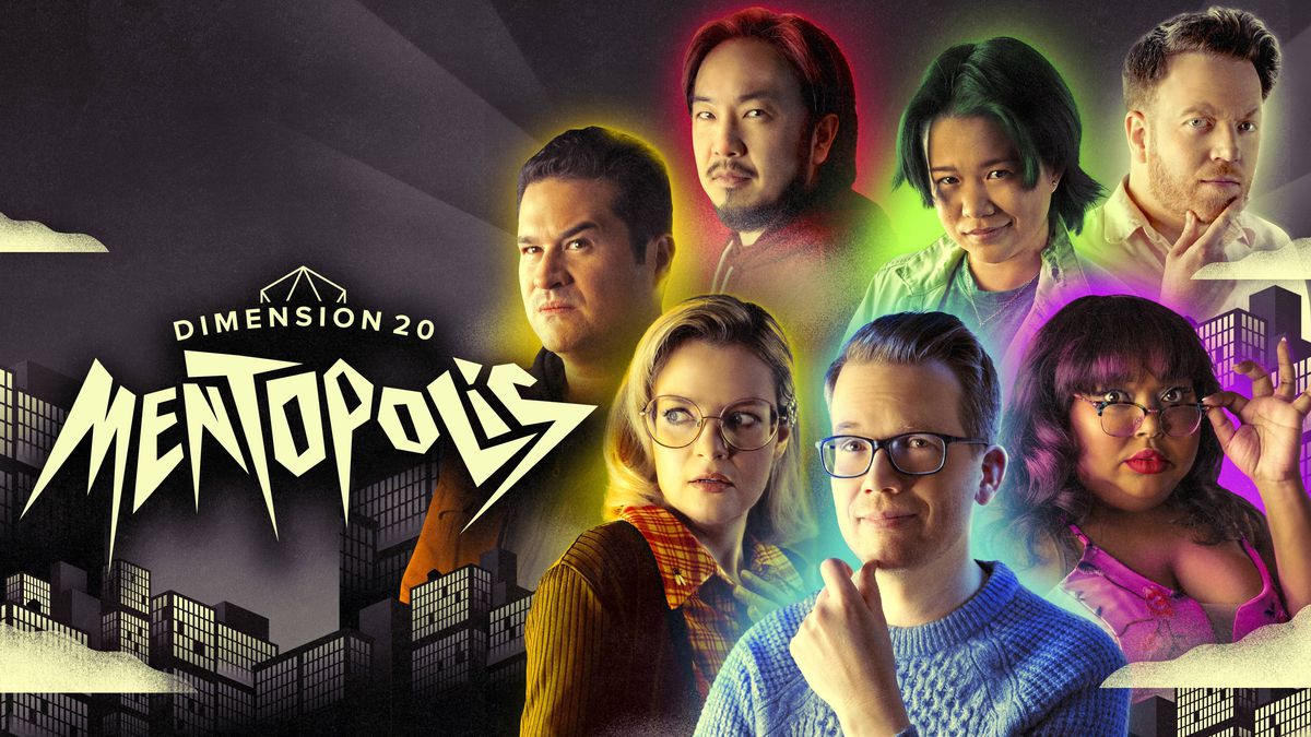The cast of Mentopolis highlighted in primary colors set against a stylized, art deco cityscape.