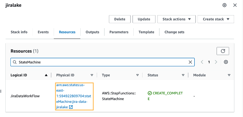A image showing the CloudFormation resources tab of the stack, with a link to the AWS Step Functions workflow.